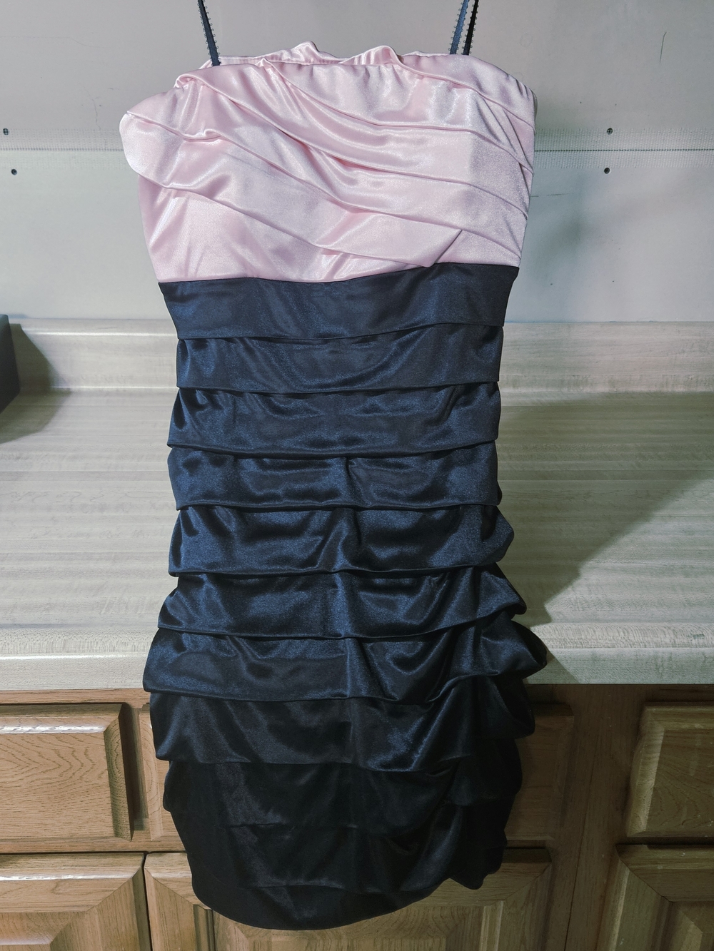 Pink and Black Strapless Ruffle Cocktail Dress